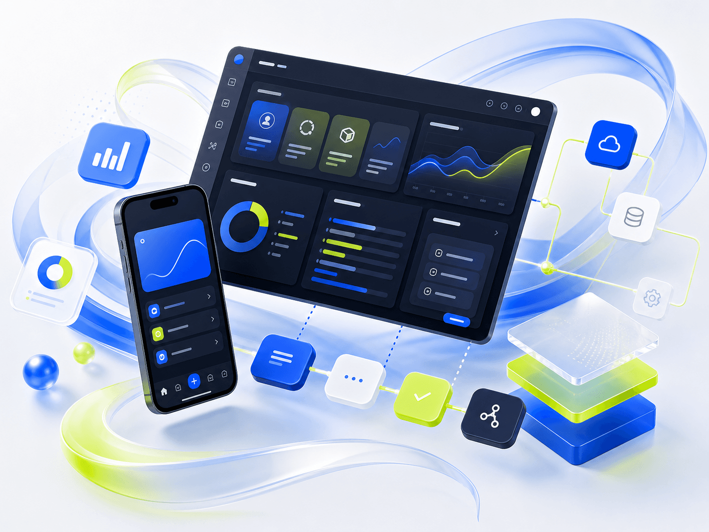 App and software interface system with product flows, screens, dashboard panels, and user journey notes.