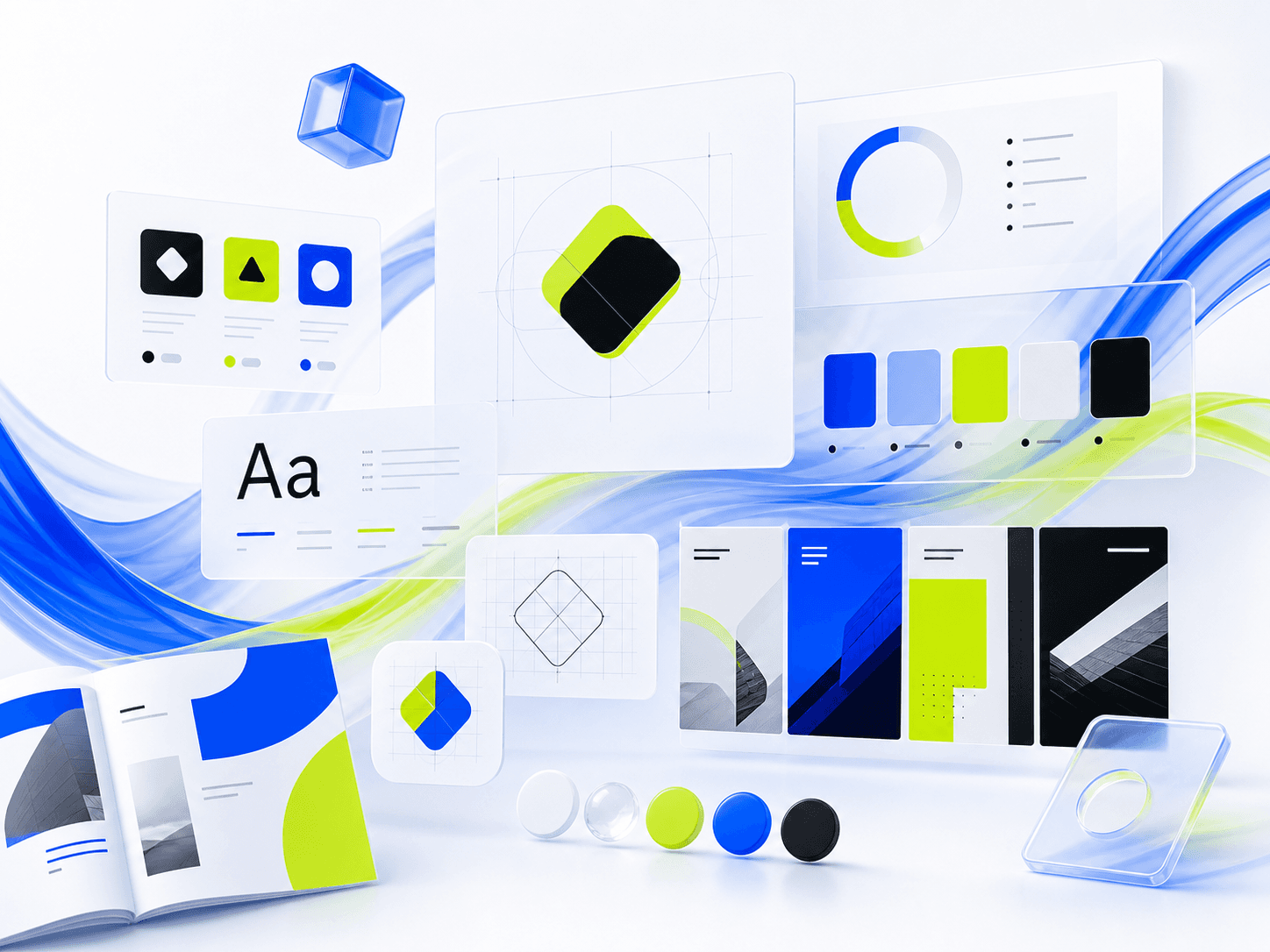 Brand system boards showing positioning, identity direction, typography, colour, and website-ready visual rules.