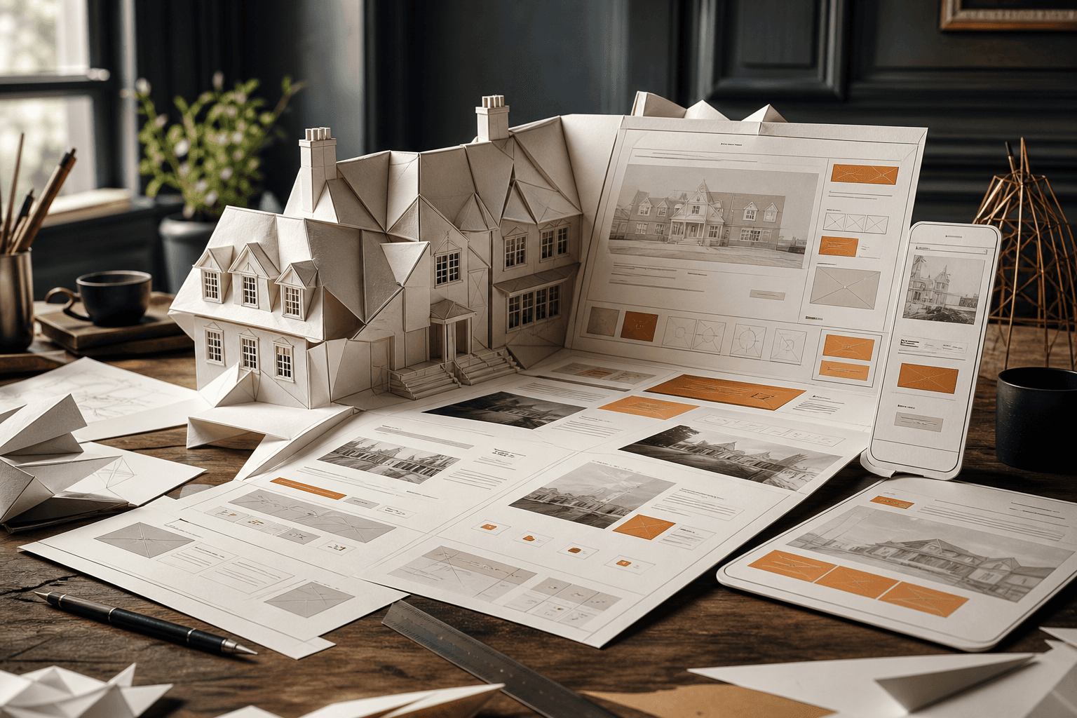 Paper-crafted premium local website system with responsive desktop, tablet, and mobile page layouts.