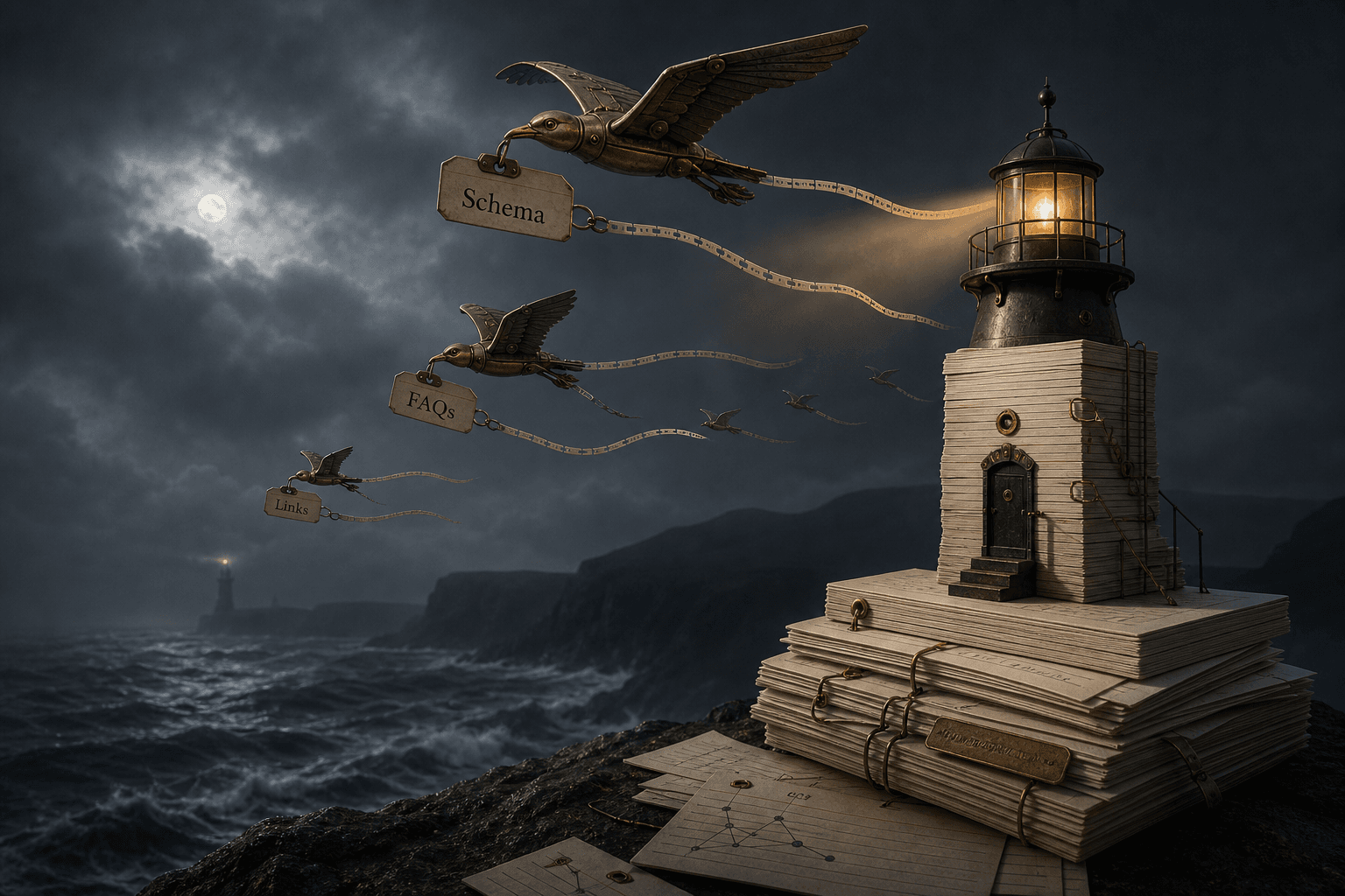 Document lighthouse with schema, FAQs, and links labels guiding search and answer-engine structure.