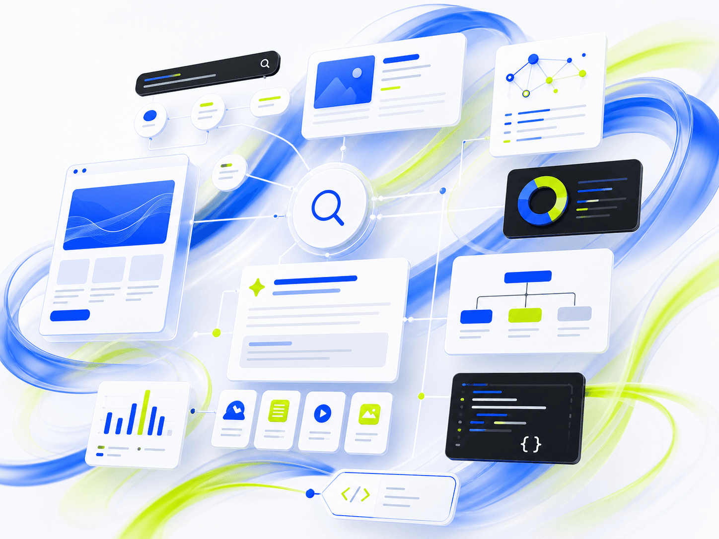 Marketing system visual with campaign pages, content assets, search signals, and conversion routes.