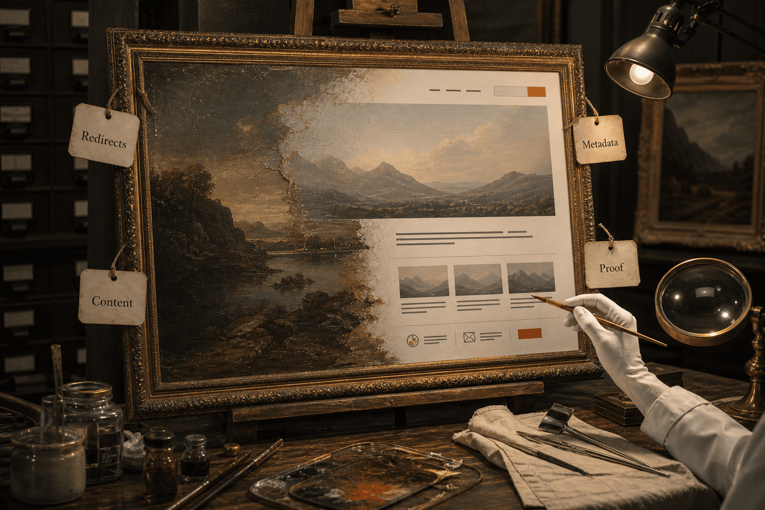 Website redesign canvas showing current pages, search preservation notes, redirects, and new page structure.