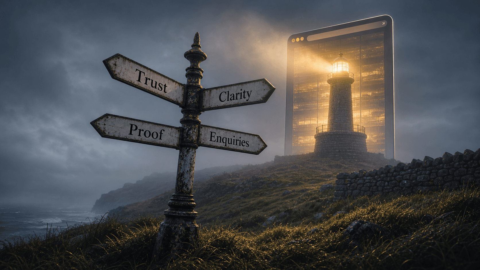 Stormy trust and clarity signpost leading toward a lighthouse inside a digital browser window.