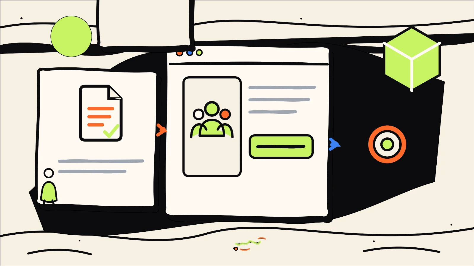 Hand-drawn editorial illustration supporting B2B Ecommerce Accounts: Map Buyers, Locations and Approvals, using the 760 Studios ink, warm paper and bright accent colour style.