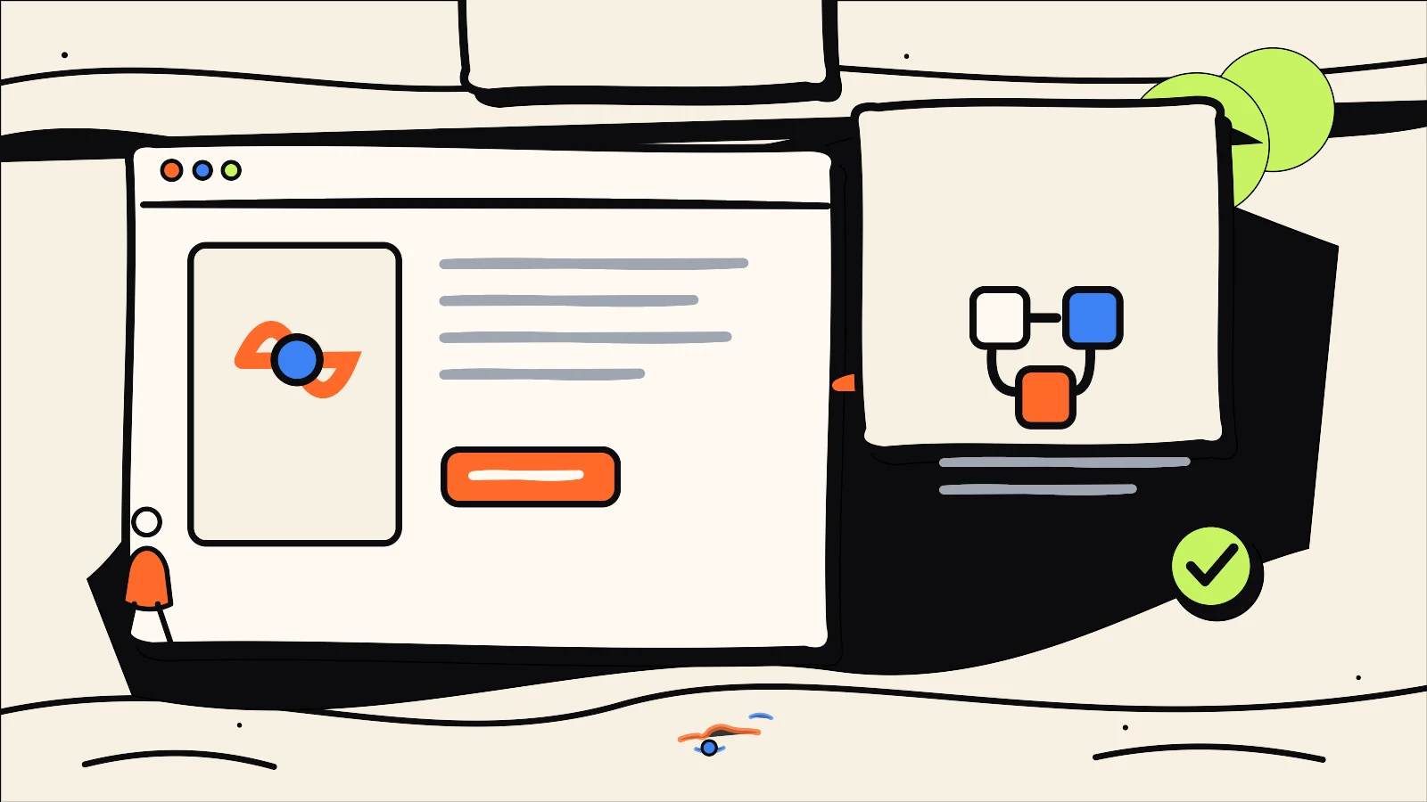 Hand-drawn editorial illustration supporting Brand Strategy vs Visual Identity: What Comes First?, using the 760 Studios ink, warm paper and bright accent colour style.