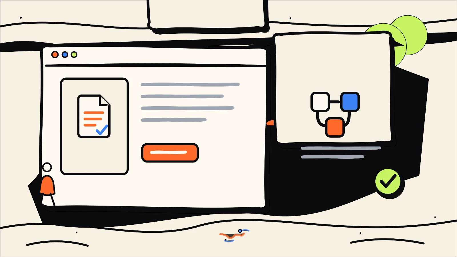 Hand-drawn editorial illustration supporting Branding Project Brief: What to Decide Before Hiring a Designer, using the 760 Studios ink, warm paper and bright accent colour style.