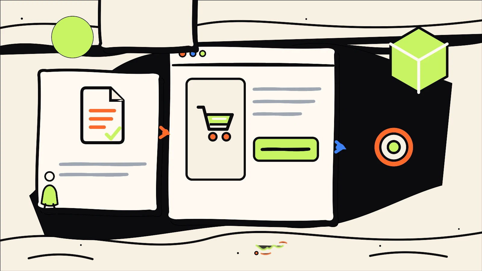 Hand-drawn editorial illustration supporting How to Test an Ecommerce Checkout Before Launch, using the 760 Studios ink, warm paper and bright accent colour style.