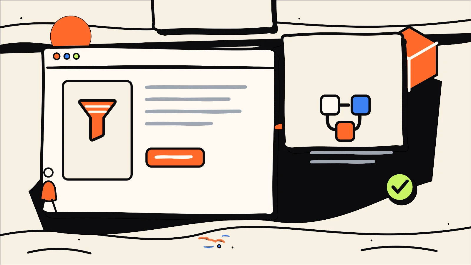 Hand-drawn editorial illustration supporting Ecommerce Faceted Navigation: Useful Filters Without URL Chaos, using the 760 Studios ink, warm paper and bright accent colour style.