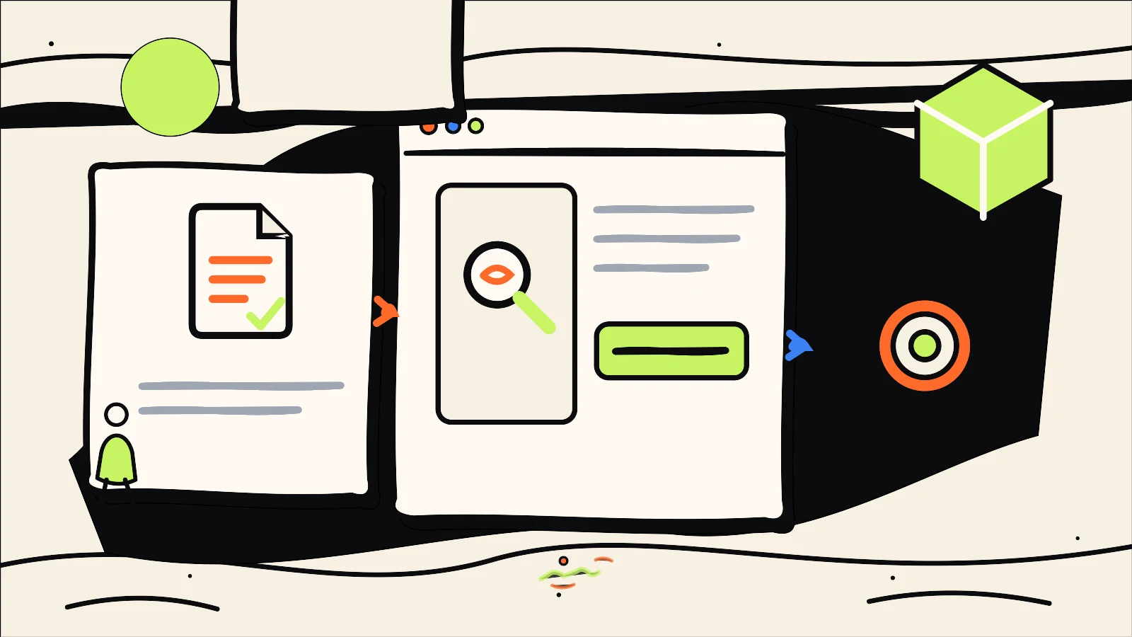Hand-drawn editorial illustration supporting Ecommerce Site Search: Plan Results for Specific Product Questions, using the 760 Studios ink, warm paper and bright accent colour style.