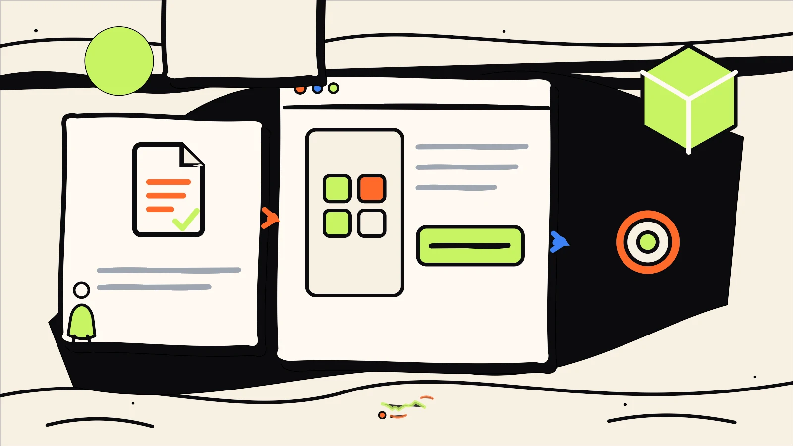 Hand-drawn editorial illustration supporting Ecommerce Product Variant Data: Options, SKUs and Stock, using the 760 Studios ink, warm paper and bright accent colour style.