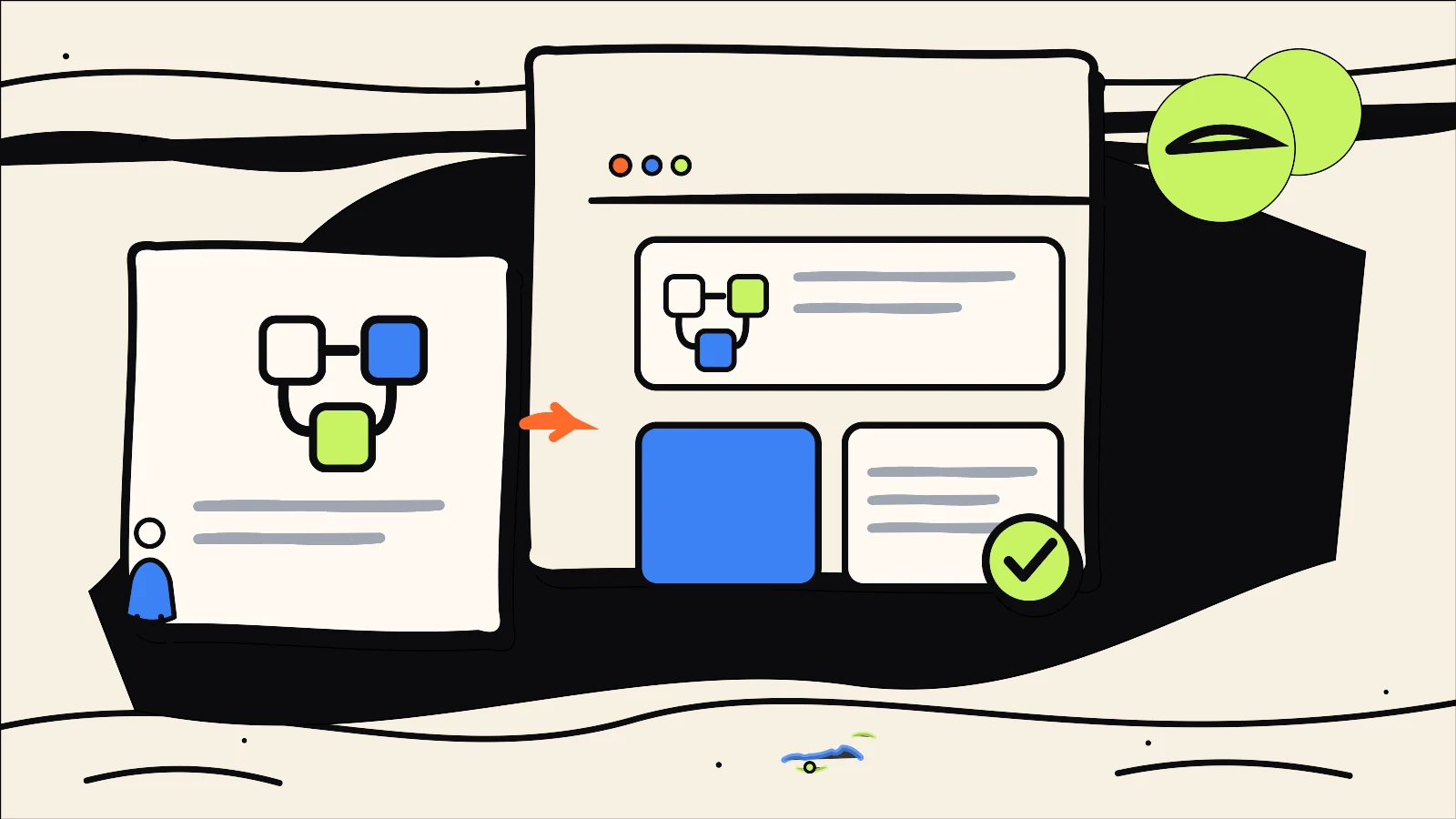 Hand-drawn editorial illustration supporting Business Rebrand Rollout Checklist for Digital Channels, using the 760 Studios ink, warm paper and bright accent colour style.