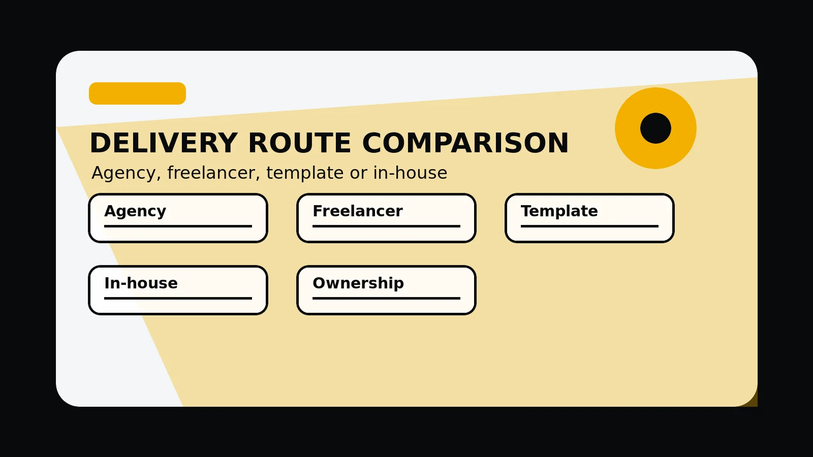 Original editorial image for Web Design Agency vs Freelancer vs Template vs In-House, with an abstract agency selection composition in the 760 Studios black, white and orange visual style.