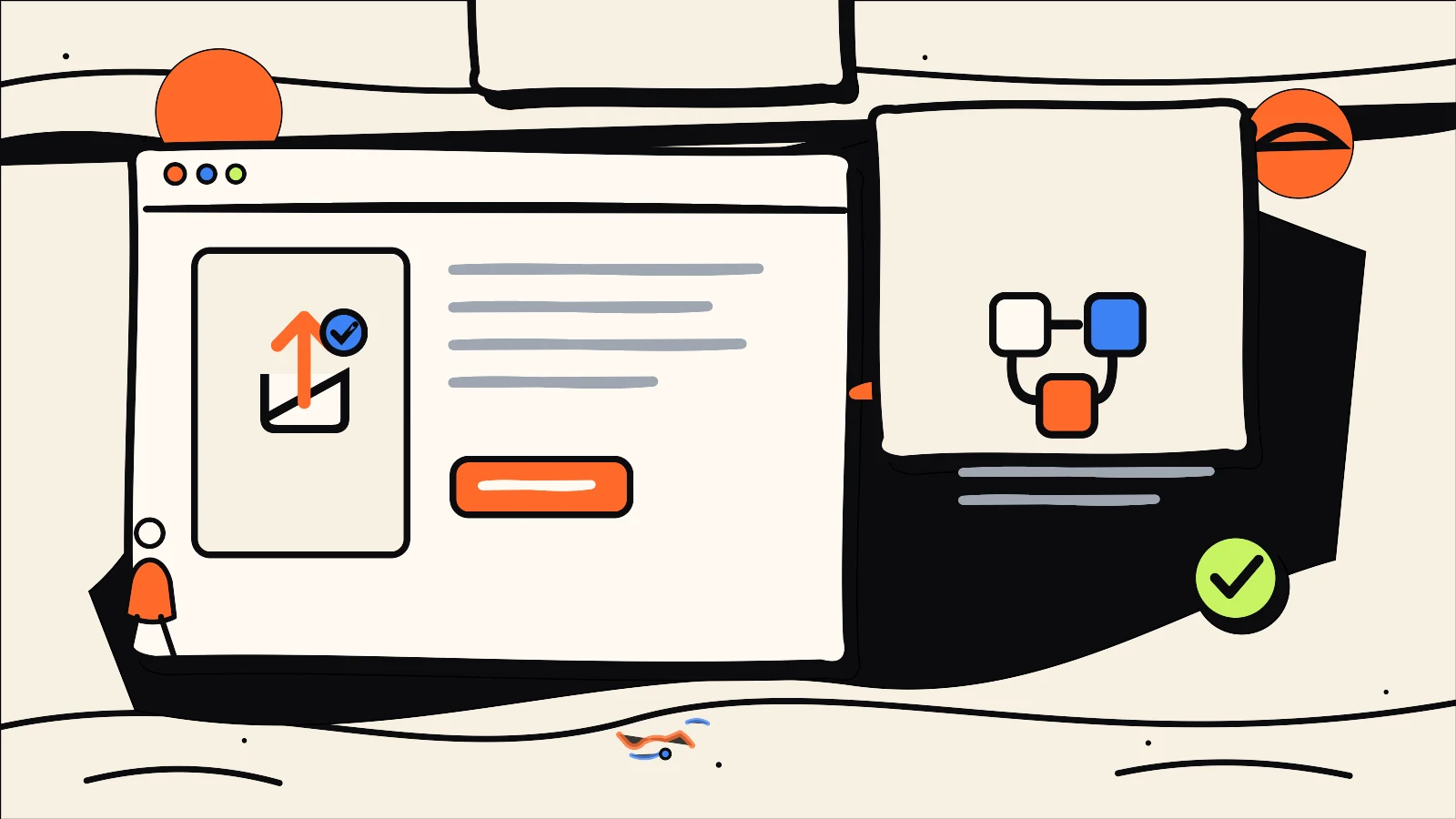 Hand-drawn editorial illustration supporting How to Check a Website After Publishing, using the 760 Studios ink, warm paper and bright accent colour style.