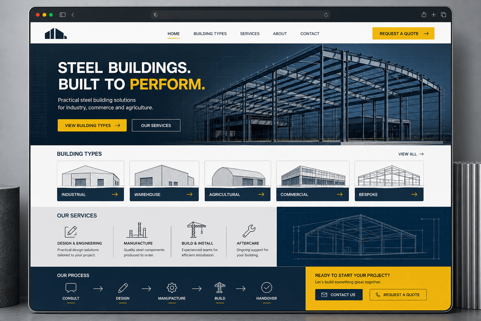 Project presentation for the KD Steel Buildings client website project.